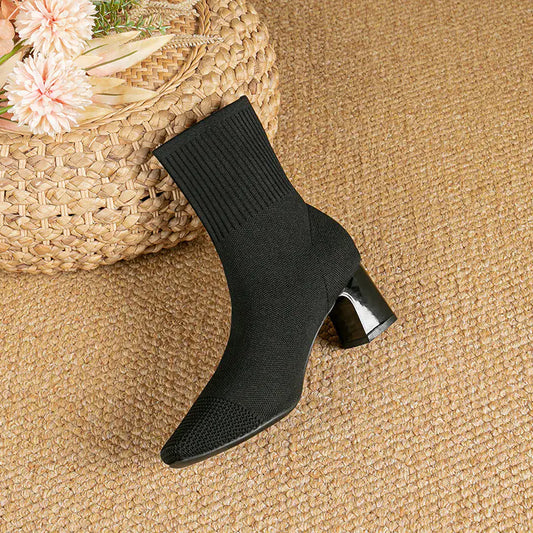 F550 Black Knit Sock Heels with Chunky Block Heel
