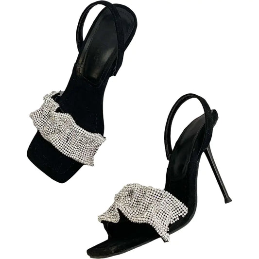 High-Heeled Suede Sandals with Rhinestone Square Toe